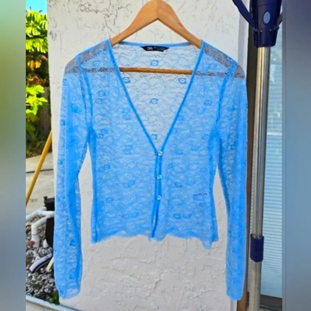 ZARA Sky Blue Sheer Floral Lace Cardigan Top - Size